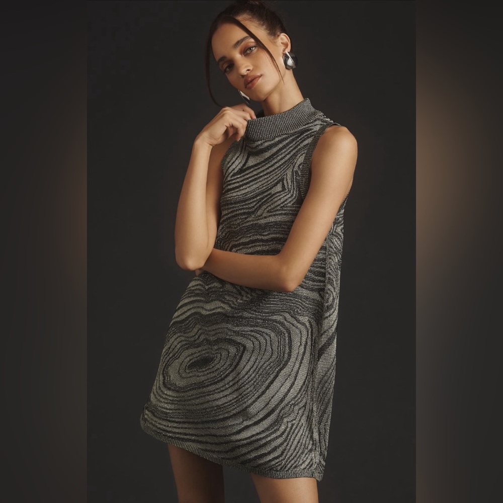 ✨ Anthropologie Metallic Sleeveless Mock-Neck Sweater Mini Dress Sz XL